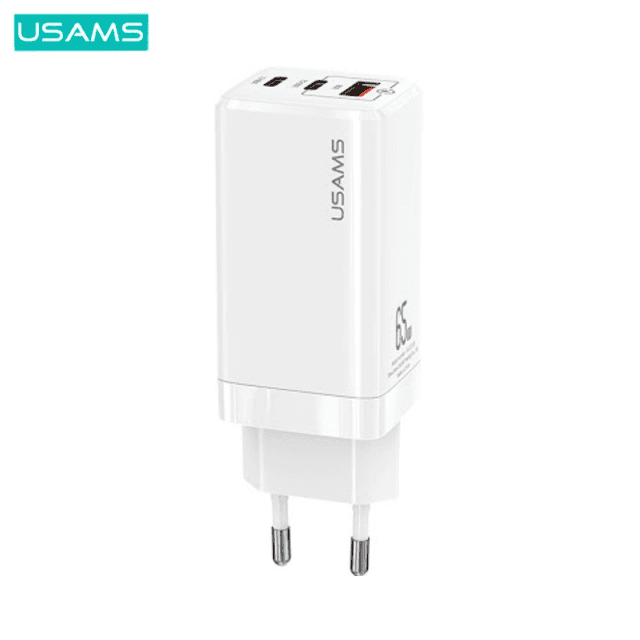 Chargeur Secteur GaN Usams US-CC110 Mini Fast Charger 65W (2x Type-C + USB QC3.0) Blanc