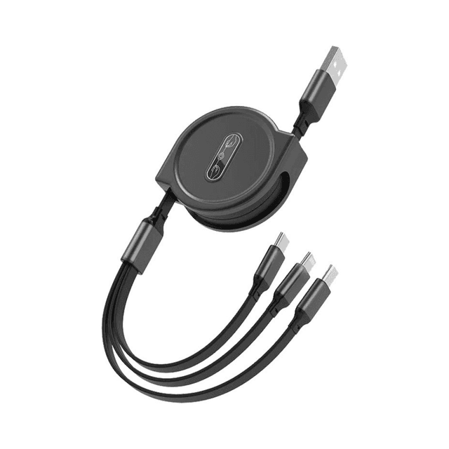 Câble de Charge Rétractable USB vers Type-C + MicroUSB + Lightning (1.1m) Noir