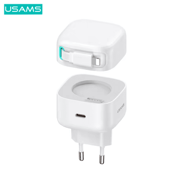 Chargeur Secteur GaN Usams US-CC209 Type-C 35W (avec Câble Rétractable Lightning) Blanc