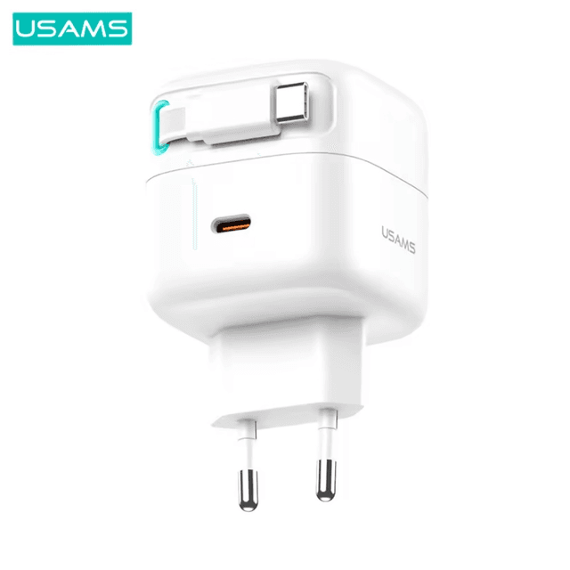 Chargeur Secteur GaN Usams US-CC202 Type-C 35W (avec Câble Rétractable Type-C) Blanc