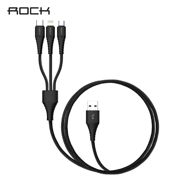 Câble Data Multi Rock USB vers Type-C + MicroUSB + Lightning Noir