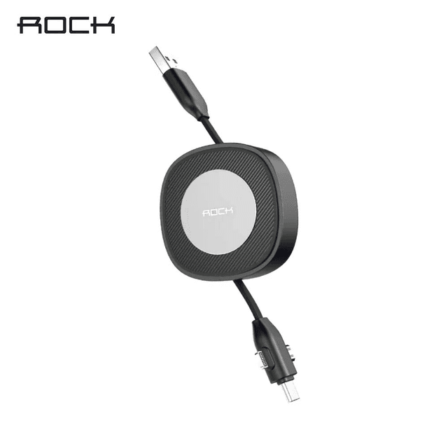 Câble Data Multi Rock RCB0792 Rétractable 3 en 1 (USB vers Type-C + MicroUSB + Lightning) 1m Noir