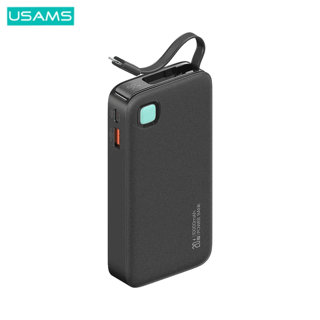 Batterie Externe Power Bank Usams CD225 Charge Rapide 20W (avec Digital Display & Câble Lightning Rétractable) 10000mAh Noir