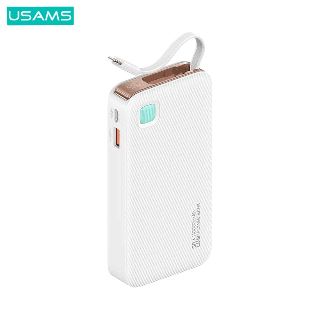 Batterie Externe Power Bank Usams CD225 Charge Rapide 20W (avec Digital Display & Câble Lightning Rétractable) 10000mAh Blanc