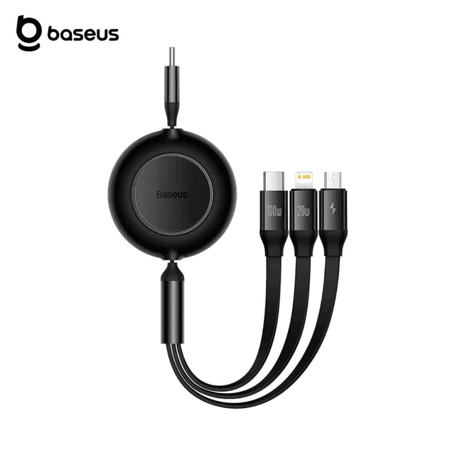 Câble Data Multi Baseus 100W 3 en 1 Rétractable (Type-C vers MicroUSB + Lightning + Type-C) 1.1m Noir