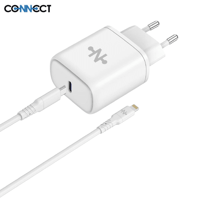 Chargeur Secteur Type-C CONNECT Charge Rapide 25W avec Câble Data Type-C vers Lightning (1m) Blanc