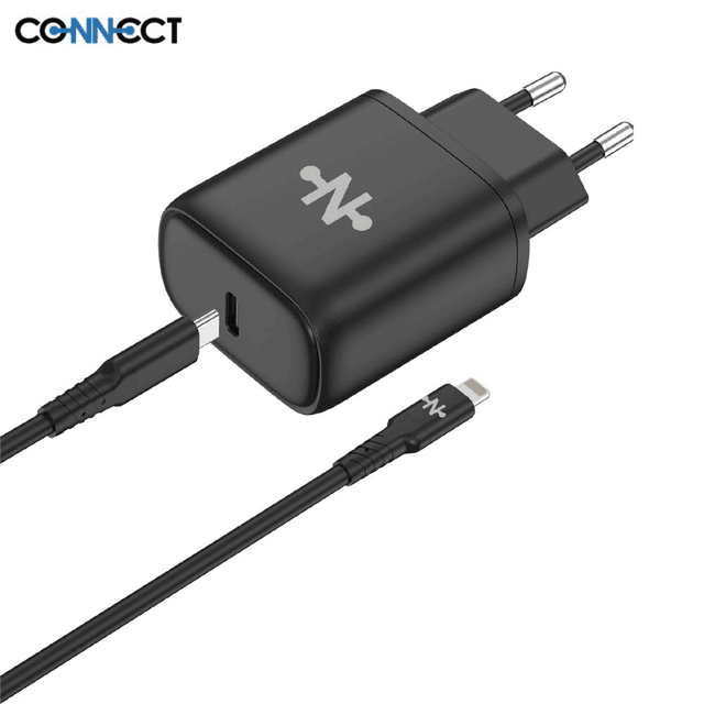 Chargeur Secteur Type-C CONNECT Charge Rapide 25W avec Câble Data Type-C vers Lightning (1m) Noir