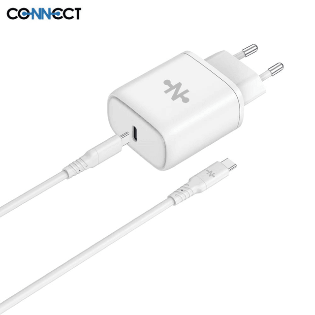 Chargeur Secteur Type-C CONNECT Charge Rapide 25W avec Câble Data Type-C vers Type-C (1m) Blanc
