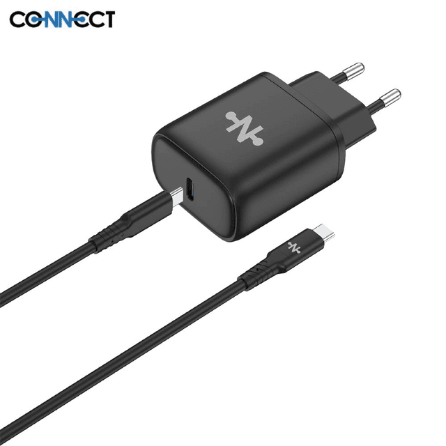 Chargeur Secteur Type-C CONNECT Charge Rapide 25W avec Câble Data Type-C vers Type-C (1m) Noir