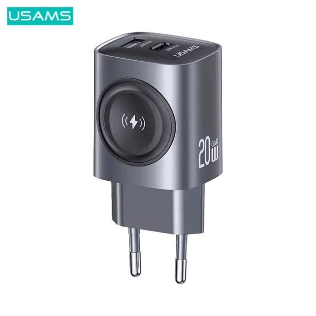 Chargeur Secteur Multifonction Usams CC293 T67 pour Apple Watch avec Port USB-A + Type-C 20W Noir