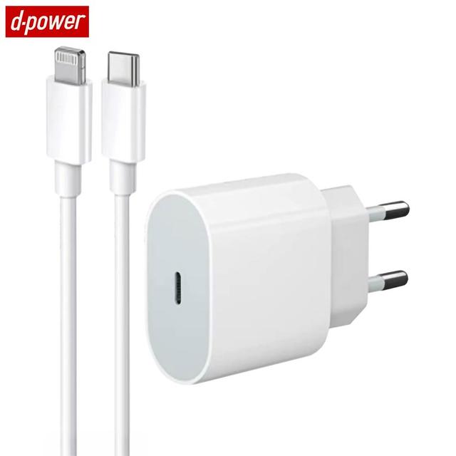 Chargeur Secteur Type-C d-power J8542 20W avec Câble Data Type-C vers Lightning (1m) Blanc