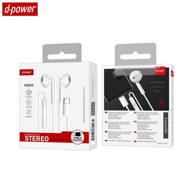 Écouteurs Filaires Type-C d-power K6035 Blanc