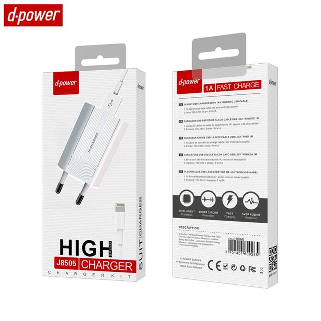 Chargeur Secteur USB d-power J8505 avec Câble Data USB vers Lightning (1m) Blanc