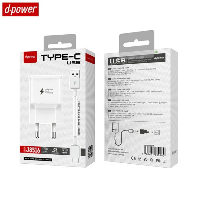 Chargeur Secteur USB d-power J8516 avec Câble Data USB vers Type-C (1.2m) Blanc