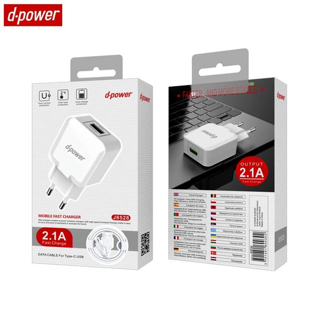 Chargeur Secteur USB d-power J8528 avec Câble Data USB vers Type-C Blanc