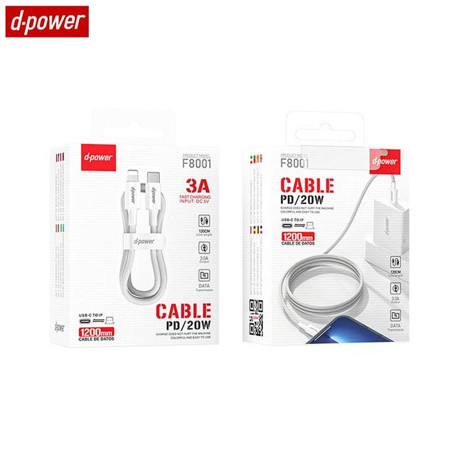 Câble Data Type-C vers Lightning d-power F8001 Nylon Tressé 20W (1.2m) Blanc