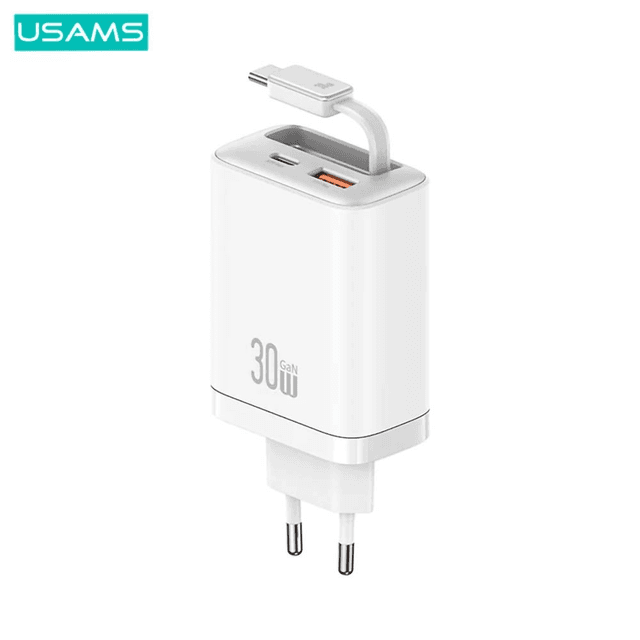 Chargeur Secteur Multi Usams CC296 30W avec Câble Rétractable Type-C  Blanc