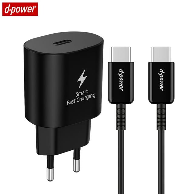 Chargeur Secteur Type-C d-power J8548B Charge Rapide 25W avec Câble Data Type-C vers Type-C Noir