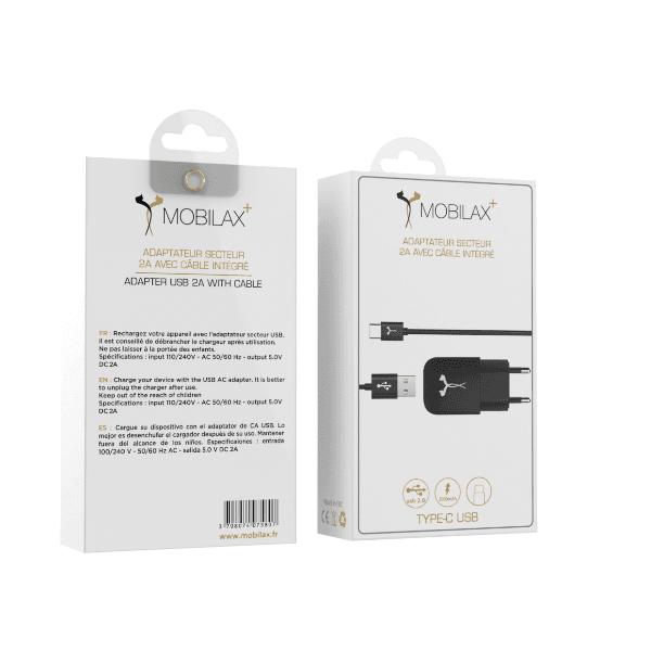 Chargeur Secteur USB CONNECT 2A avec Câble USB vers Type-C Noir