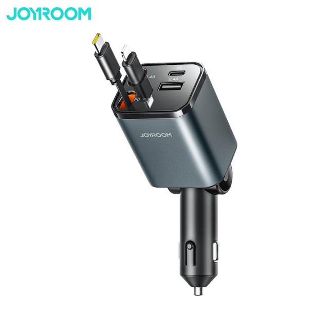 Chargeur Allume-Cigare JOYROOM  4 en 1 (avec Câble Rétractable Type-C + Lightning) 50W Gris Foncé